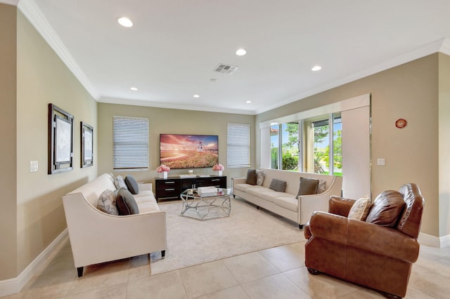living area with visible vents, baseboards, ornamental molding, recessed lighting, and light tile patterned flooring