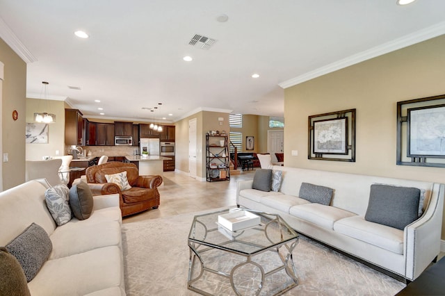 living room featuring recessed lighting, baseboards, visible vents, and ornamental molding
