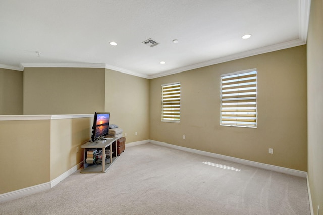 interior space with baseboards, visible vents, and carpet