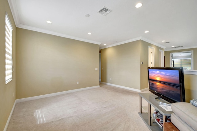 unfurnished living room with visible vents, recessed lighting, baseboards, and light colored carpet