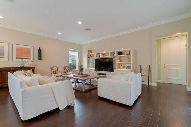 4510 Island Reef Dr, Wellington, FL 33449 - living room with dark wood-style flooring, visible vents, crown molding, baseboards, and recessed lighting