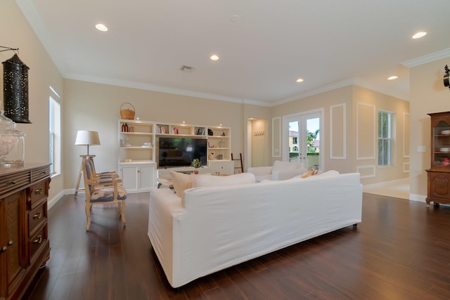 4510 Island Reef Dr, Wellington, FL 33449 - living room featuring crown molding, dark wood-style flooring, visible vents, and recessed lighting