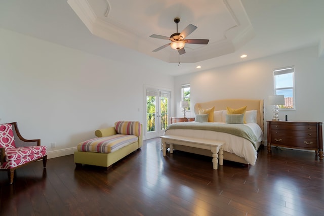 4510 Island Reef Dr, Wellington, FL 33449 - bedroom featuring a raised ceiling, wood-type flooring, access to exterior, recessed lighting, and ornamental molding
