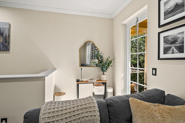 living area with crown molding