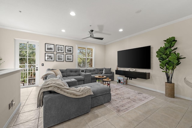 living room featuring plenty of natural light, ornamental molding, recessed lighting, a ceiling fan, and light tile patterned floors