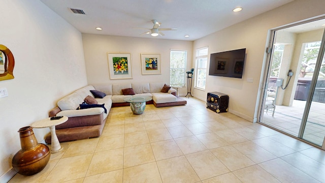 2323 NW Padova St, Port Saint Lucie, FL 34986 - living room featuring a ceiling fan, tile patterned floors, visible vents, and recessed lighting