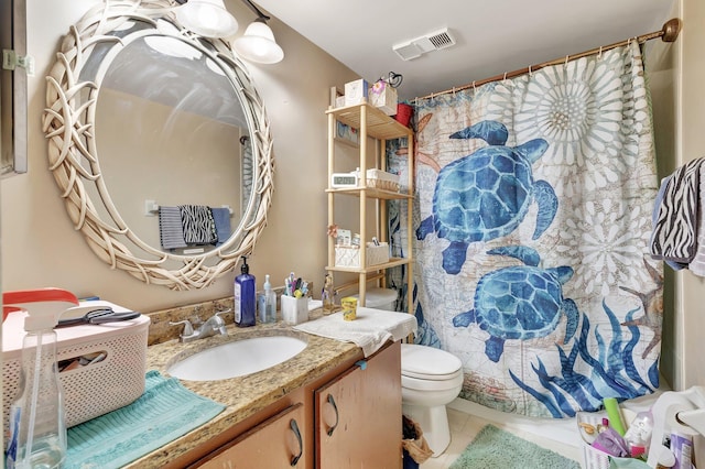 950 Egret Cir Unit 5409, Delray Beach, FL 33444 - full bathroom with visible vents, vanity, tile patterned floors, toilet, and a shower with shower curtain