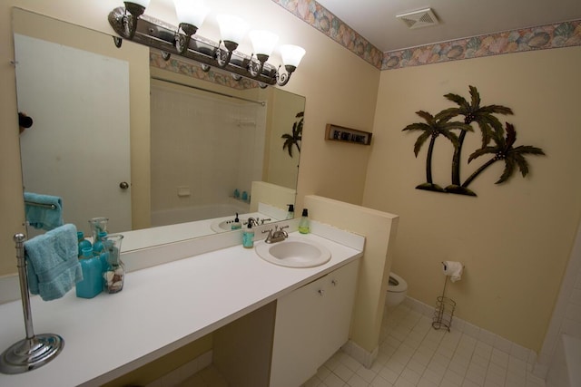 bathroom featuring tile patterned flooring, vanity, toilet,  shower combination, and visible vents