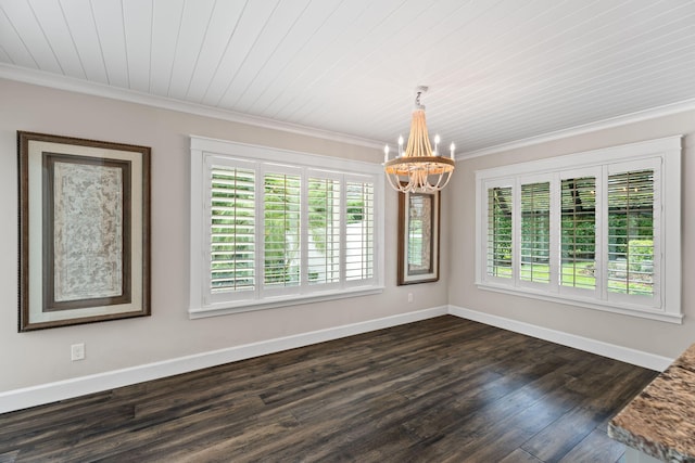 121 Hillcrest Dr, Sewalls Point, FL 34996 - unfurnished dining area with a chandelier, ornamental molding, dark wood-style flooring, baseboards, and wood ceiling