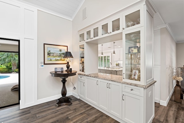 121 Hillcrest Dr, Sewalls Point, FL 34996 - bar area with crown molding, lofted ceiling, dark wood finished floors, baseboards, and a sink