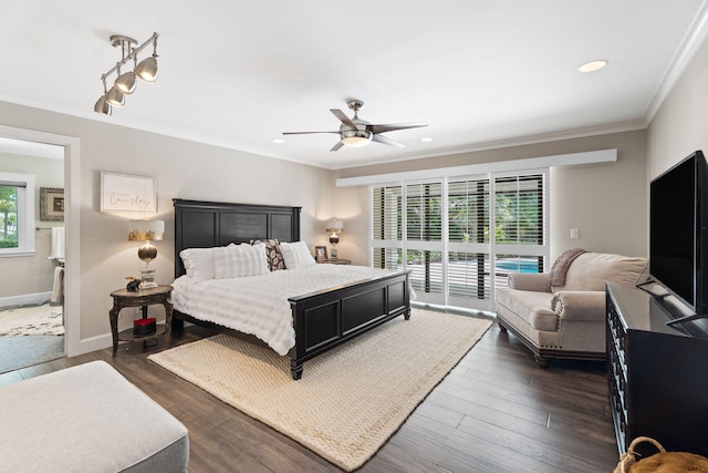 121 Hillcrest Dr, Sewalls Point, FL 34996 - bedroom with access to outside, crown molding, recessed lighting, baseboards, and dark wood finished floors