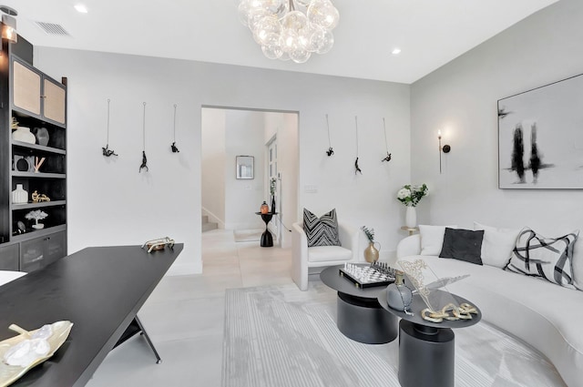 living area featuring stairs, recessed lighting, a notable chandelier, and visible vents