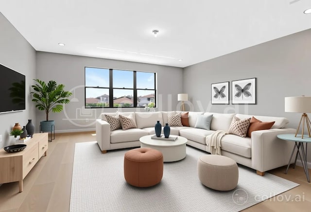 living area with recessed lighting and baseboards