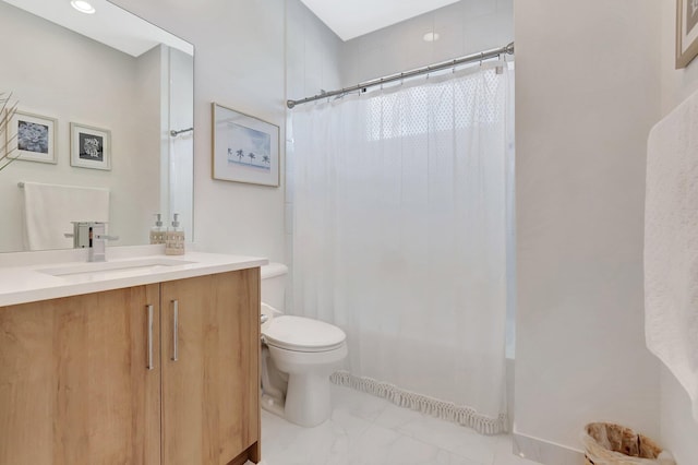 bathroom featuring vanity, shower / bathtub combination with curtain, toilet, and marble finish floor