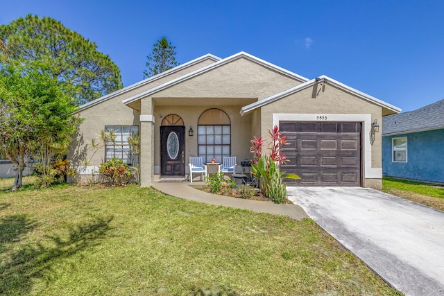 ranch-style home featuring covered porch, a garage, a front lawn, concrete driveway, and stucco siding