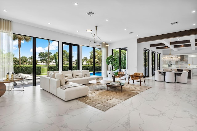 living room featuring light marble finish floors, beamed ceiling, and recessed lighting