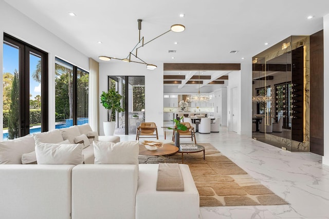 living room with a chandelier, recessed lighting, coffered ceiling, beamed ceiling, and light marble finish floors