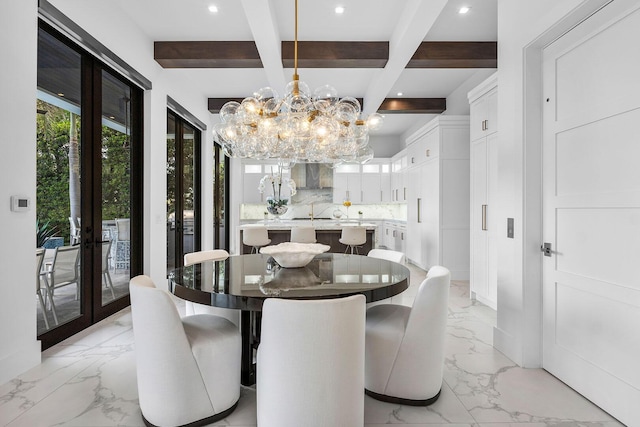 dining space with coffered ceiling, beam ceiling, a chandelier, light marble finish flooring, and french doors