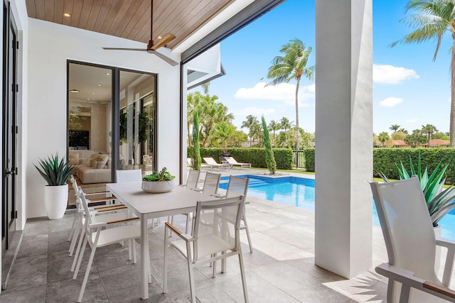 view of pool with a patio area, ceiling fan, a fenced backyard, and outdoor dining area