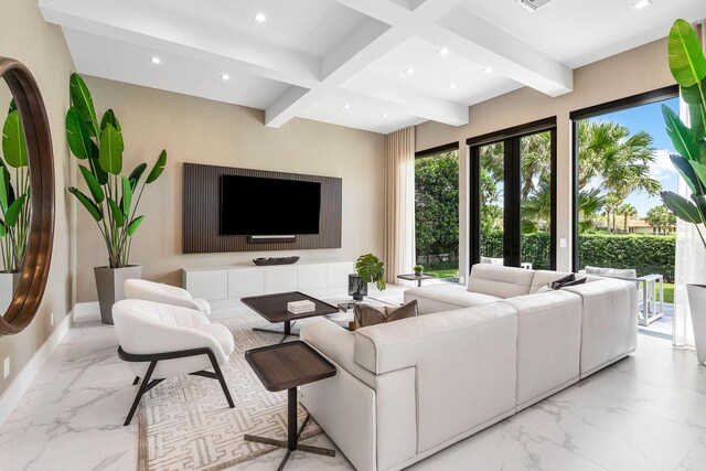 living room featuring light marble finish floors, beam ceiling, recessed lighting, baseboards, and coffered ceiling