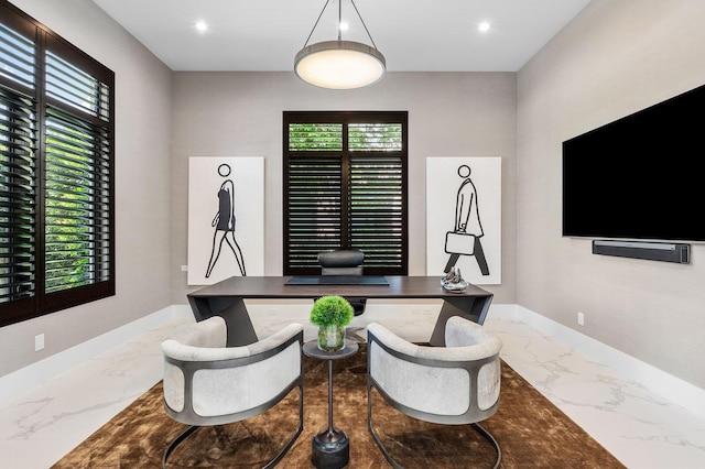 home office featuring marble tiled flooring, healthy amount of natural light, baseboards, and recessed lighting
