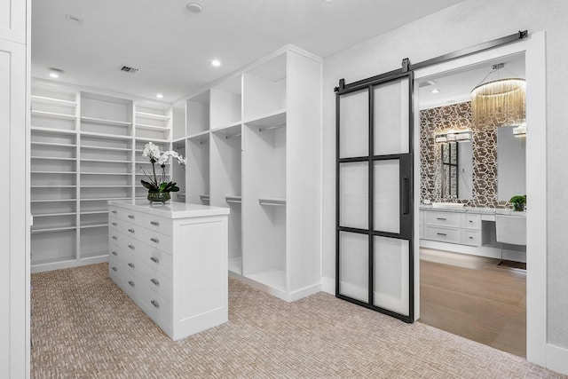 spacious closet featuring light carpet and a barn door