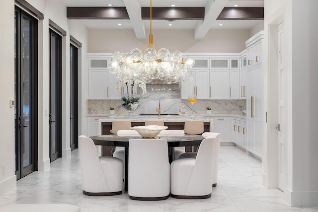dining space featuring light marble finish flooring, beam ceiling, recessed lighting, a chandelier, and coffered ceiling
