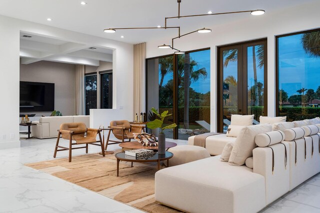 community lobby with recessed lighting and beamed ceiling