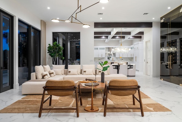 lobby with beam ceiling and recessed lighting