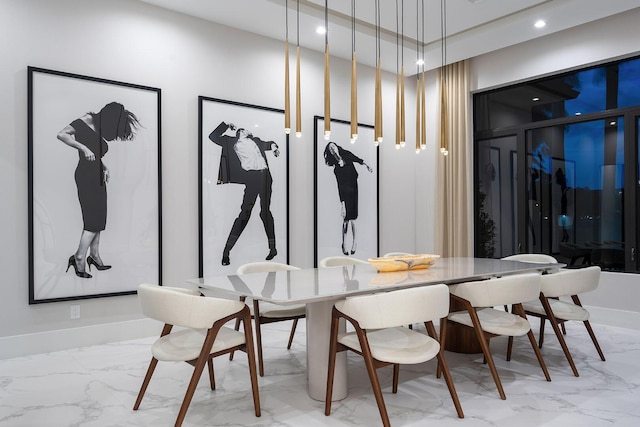 dining space with light marble finish flooring, recessed lighting, and baseboards