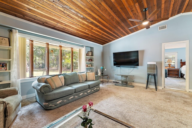 living room with carpet, vaulted ceiling, wooden ceiling, and visible vents