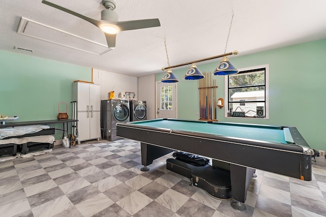 recreation room with pool table, visible vents, washing machine and dryer, and a healthy amount of sunlight