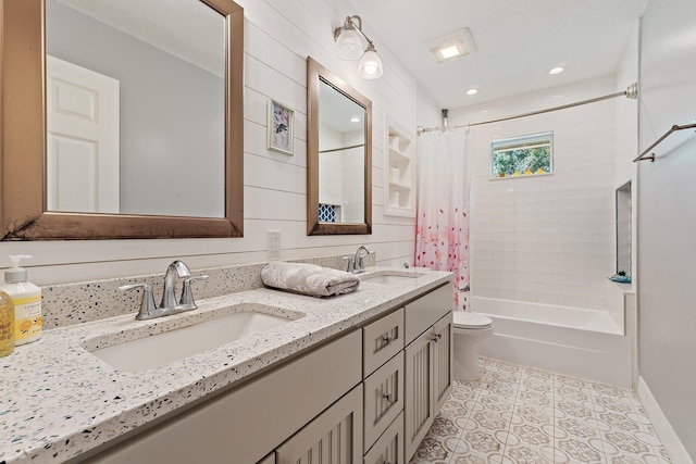 full bathroom with toilet, tile patterned floors, shower / bathtub combination with curtain, and a sink