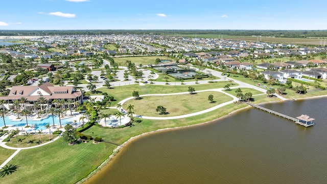 aerial view featuring a water view and a residential view