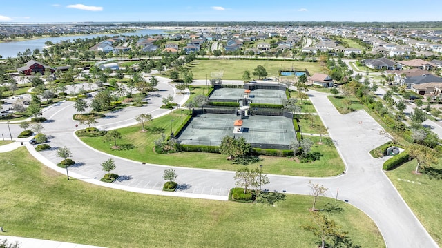 aerial view featuring a residential view and a water view