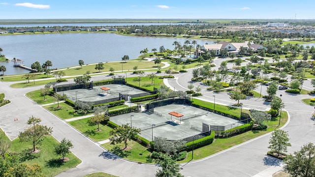 drone / aerial view with a water view