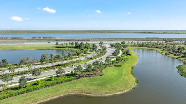 bird's eye view with a water view