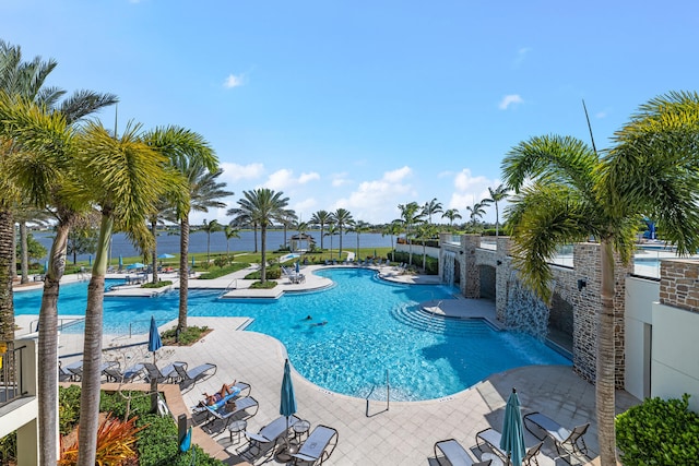 pool with a patio area