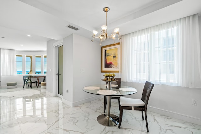 dining space with marble tiled flooring, baseboards, a chandelier, and recessed lighting