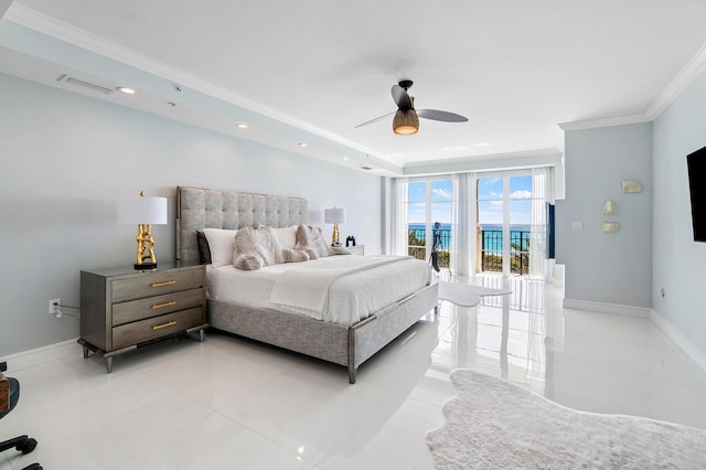 bedroom with ornamental molding, light tile patterned flooring, baseboards, a ceiling fan, and access to exterior