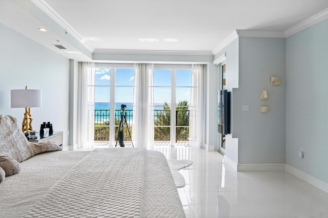 tiled bedroom with crown molding, access to exterior, baseboards, and a water view