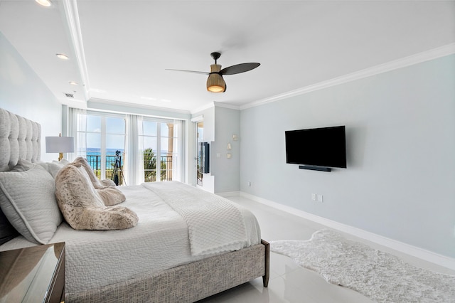 bedroom with ornamental molding, ceiling fan, baseboards, recessed lighting, and light tile patterned flooring
