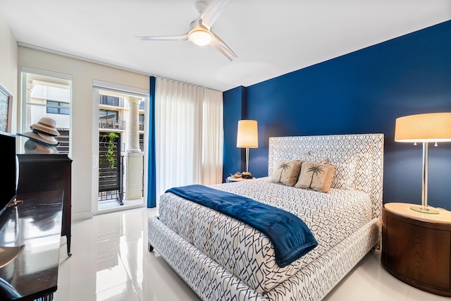 bedroom featuring tile patterned floors, access to exterior, and ceiling fan