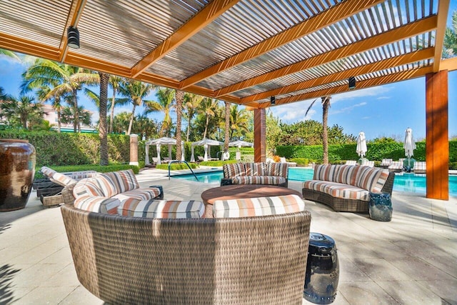 view of patio / terrace featuring an outdoor hangout area, a pergola, and an outdoor pool