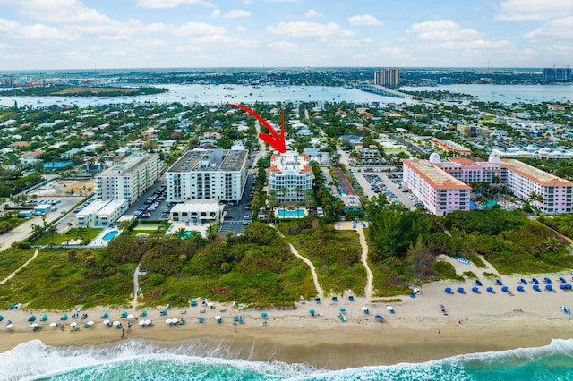 view of urban area featuring expansive coastline