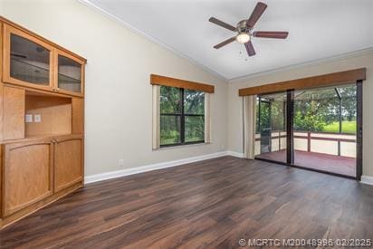 5361 SW Windward Way, Palm City, FL 34990 - spare room with vaulted ceiling, crown molding, healthy amount of natural light, baseboards, and dark wood finished floors