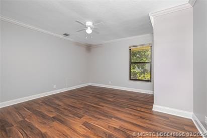 5361 SW Windward Way, Palm City, FL 34990 - spare room with ornamental molding, ceiling fan, baseboards, and wood finished floors