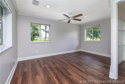 5361 SW Windward Way, Palm City, FL 34990 - unfurnished bedroom with crown molding, multiple windows, wood finished floors, baseboards, and recessed lighting