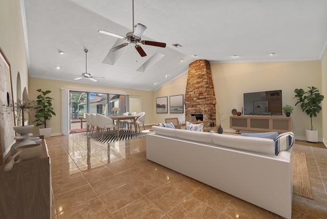 5361 SW Windward Way, Palm City, FL 34990 - living room with ceiling fan, vaulted ceiling, a fireplace, baseboards, and crown molding
