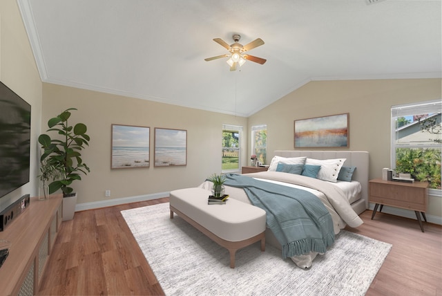 5361 SW Windward Way, Palm City, FL 34990 - bedroom featuring multiple windows, light wood-style flooring, lofted ceiling, baseboards, and ceiling fan